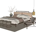 Natural Style Double Bed With Wicker Headboard Wooden Frame Bedspread And Side Chair