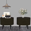 Dark Round Decorative Cabinets with Drawers Decorations Flower Vase Flowers Pendant Lamp and Zebra Rug