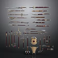 Various Ancient Weapons Collection Including Swords Spears Staffs And Shields Arranged In
