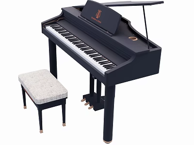 Elegant Black Piano Musical Instrument With Soft Upholstered Stool And Classic Design 3d model