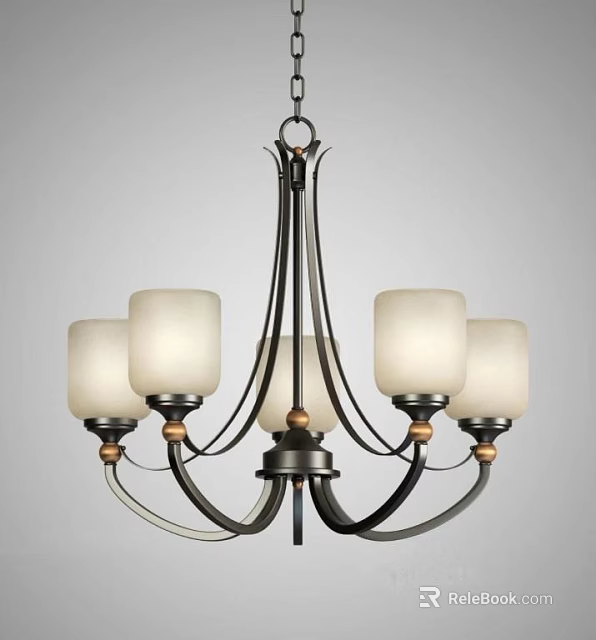 Elegant Traditional Chandelier With Black Metal Arms And Cream Glass Shades 3d model 