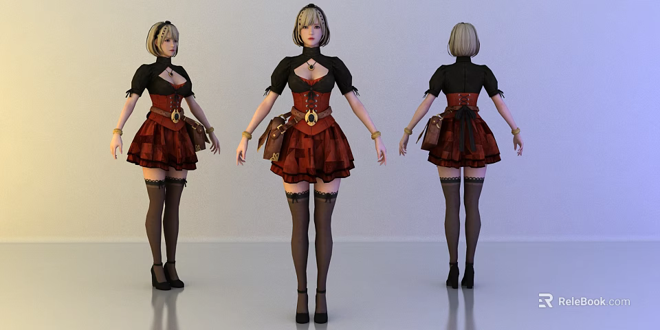 Game Movie Character in Red Black Corset Short Skirt Stockings High Heels Bag Three Views 3d model 
