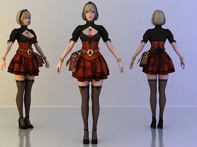 Game Movie Character in Red Black Corset Short Skirt Stockings High Heels Bag Three Views 3d model
