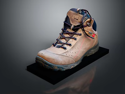 Brown High Top Outdoor Shoes With Durable Sole And Dark Laces On Black Display Stand 3d model