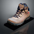 Brown High Top Outdoor Shoes With Durable Sole And Dark Laces On Black Display Stand