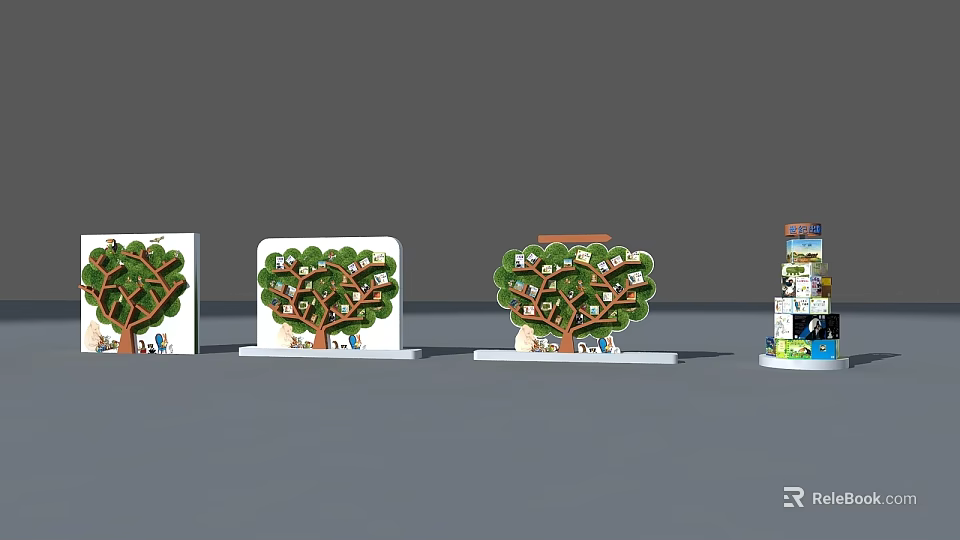 Tree Shaped Bookcase Designs with Green Leaves Books and Decorative Elements 3d model