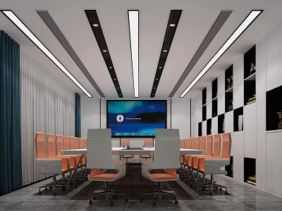 Modern Large Conference Table With Comfortable Orange Office Chairs For Bright Spacious Corporate Meeting Room 3d model