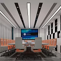 Modern Large Conference Table With Comfortable Orange Office Chairs For Bright Spacious Corporate Meeting Room