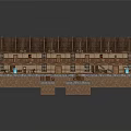 Cartoon Medieval Tavern Interior With Wooden Roof Benches Tables Blue Vases Stone Floor And Chandeliers