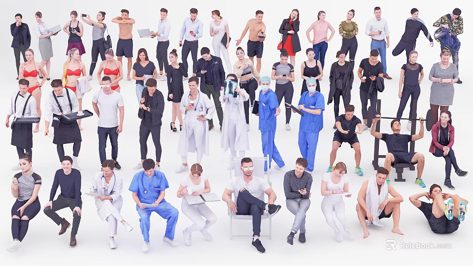 Diverse Group of People in Various Professions with Different Poses Standing Sitting 3d model 