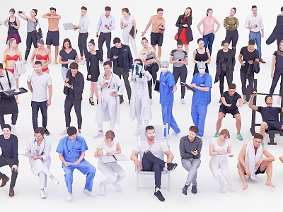 Diverse Group of People in Various Professions with Different Poses Standing Sitting 3d model