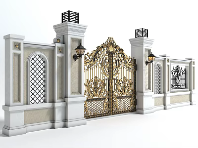 Luxurious Entrance Gate With Golden Carvings Stone Pillars Lamps And Lattice Windows 3d model