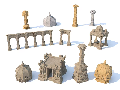 Collection of Ancient Architectural Elements Including Stone Columns Arches Domes and Pavilions 3d model