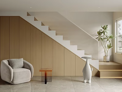 Modern Minimalist Interior With Light Gray Stairs Wooden Wall Armchair Coffee Table Sculpture And Plant 3d model