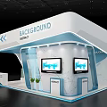 Modern White And Blue Exhibition Booth With Background Branding Glass Structure And Reception Desk