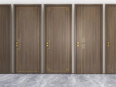 Dark Brown Wooden Hinged Doors With Golden Decorative Lines And Intricate Patterns 3d model
