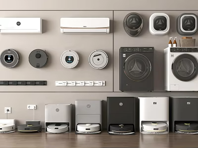 Modern Household Appliances Collection With Air Conditioners Washing Machines Robot Vacuums On Wall And Shelf 3d model
