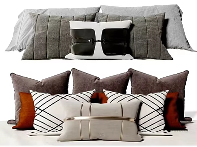 Modern Throw Pillows In Gray White Brown Orange With Striped Geometric And Gold Line Patterns 3d model