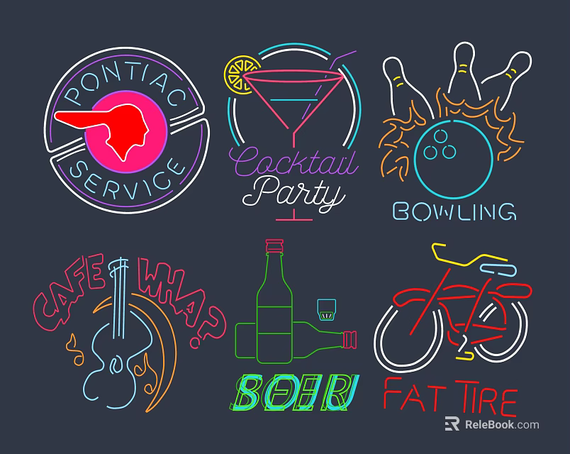 Neon Style Decorative Lights Featuring Cocktail Party Bowling Cafe Soju and Bicycle Themes 3d model 