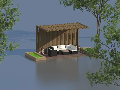 Wooden Pergola With Outdoor Seating Area Surrounded By Trees Over Water 3d model