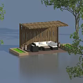 Wooden Pergola With Outdoor Seating Area Surrounded By Trees Over Water