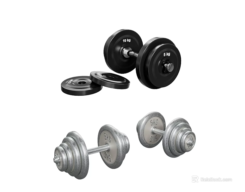 High Quality Sports Equipment With Black And Silver Dumbbells And Weight Plates 3d model 