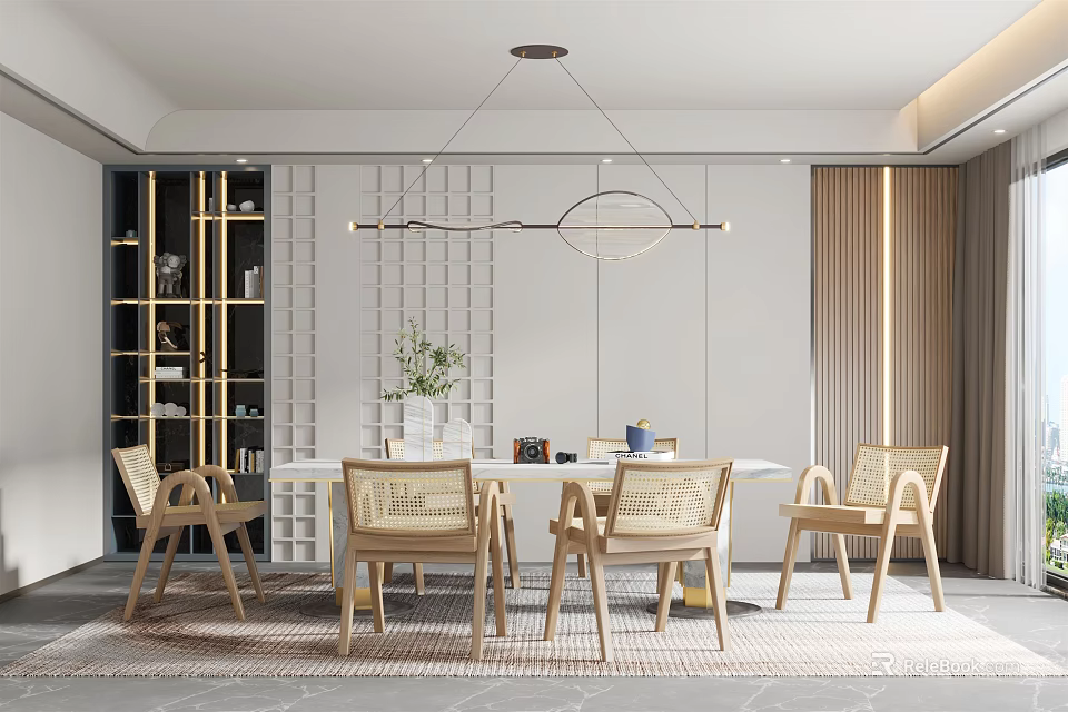 Elegant Modern Restaurant Interior With Wooden Tables Chairs Pendant Lights Green Plants And Bookshelves 3d model 