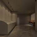Modern Art Gallery Space With Framed Paintings Standing Person And Marble Floor