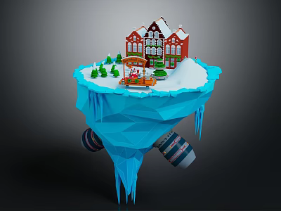 Red Building On Floating Iceberg Platform With Small Trees And Decorative Train 3d model