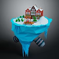 Red Building On Floating Iceberg Platform With Small Trees And Decorative Train