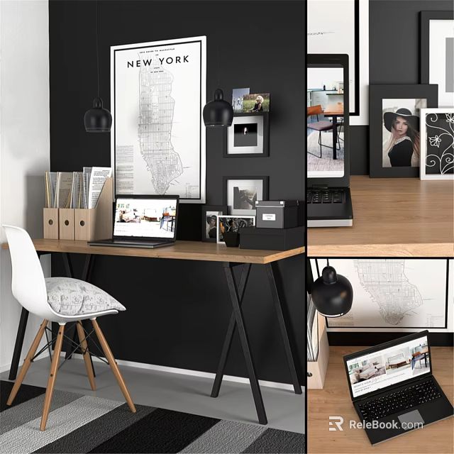 Modern Home Office Desk And Chair Set With Wooden Tabletop Laptop And Wall Decor 3d model 