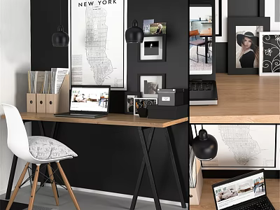 Modern Home Office Desk And Chair Set With Wooden Tabletop Laptop And Wall Decor 3d model