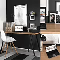 Modern Home Office Desk And Chair Set With Wooden Tabletop Laptop And Wall Decor