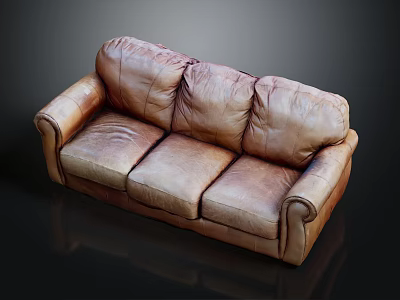 Multi Person Brown Leather Sofa With Distressed Texture And Classic Design Features 3d model
