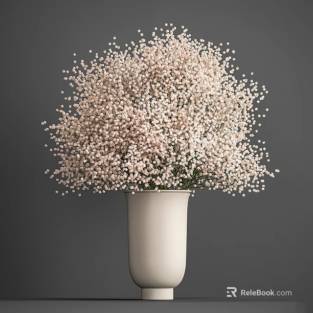 Beautiful White Vase With Fresh White Baby's Breath Flowers On Gray Background 3d model 