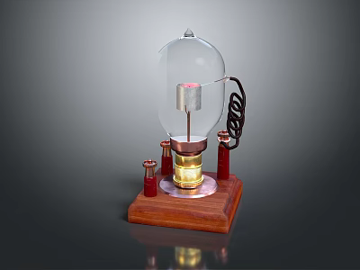 Vintage Light Bulb With Wooden Base Red Pillars Transparent Glass Metal Structure And Black Coil 3d model