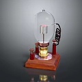 Vintage Light Bulb With Wooden Base Red Pillars Transparent Glass Metal Structure And Black Coil