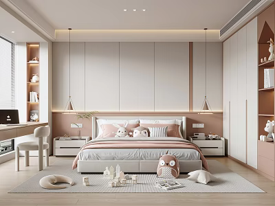 Cozy Modern Kids Room Interior With Pink Bed Stuffed Toys Bedside Tables And Cabinets 3d model