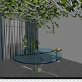 Indoor Space With Green Vines Ceiling Glass Round Table Plants And Curtains