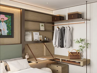 Tatami Bedroom Interior Design With Wooden Shelves Storage Boxes Hanging Clothes And Green Headboard 3d model