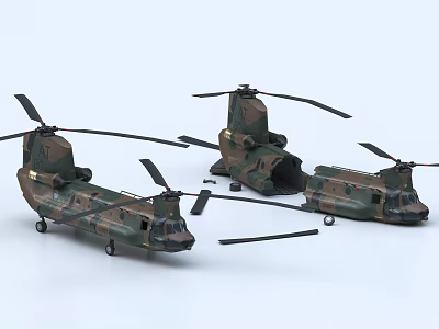 Military Helicopter Models with Camouflage Green And Brown Twin Rotor Design Viewed From Various Angles 3d model