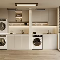 Modern Laundry Room Design Featuring Washing Machines Storage Cabinets Countertop And Ceiling Light