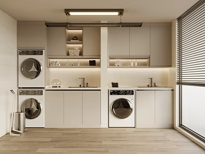 Modern Laundry Room Design Featuring Washing Machines Storage Cabinets Countertop And Ceiling Light 3d model