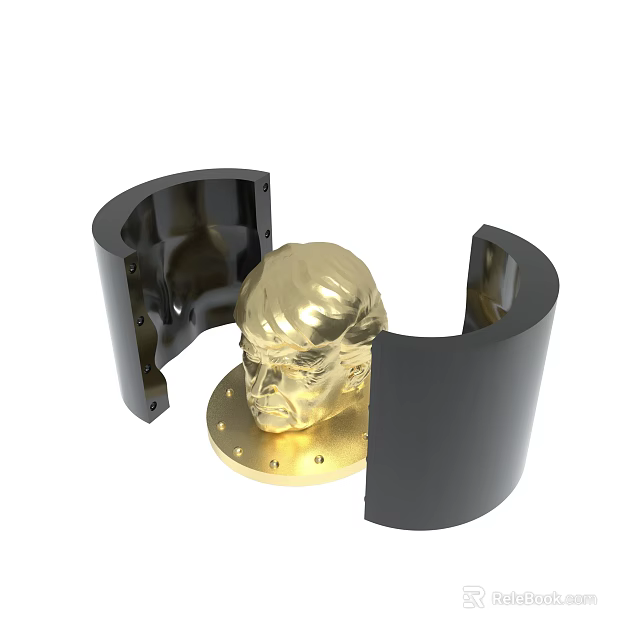 Detailed Golden Head Sculpture With Black Curved Enclosures On Decorative Base 3d model 