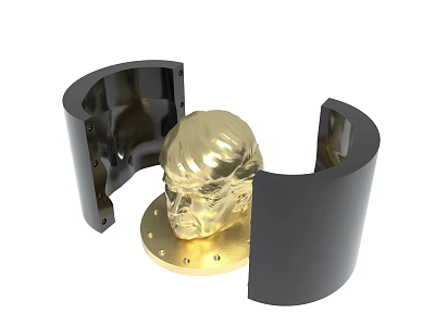 Detailed Golden Head Sculpture With Black Curved Enclosures On Decorative Base 3d model