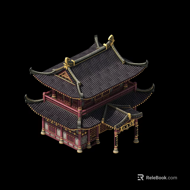 Ancient Chinese Architecture With Multi Tiered Roof Curved Eaves Red Pillars And Golden Decorations 3d model 