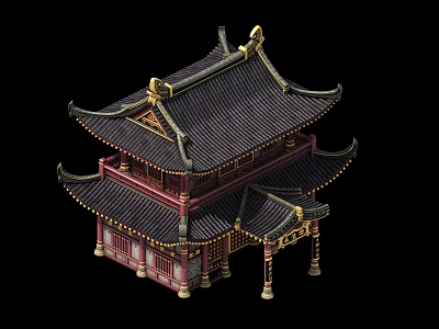 Ancient Chinese Architecture With Multi Tiered Roof Curved Eaves Red Pillars And Golden Decorations 3d model