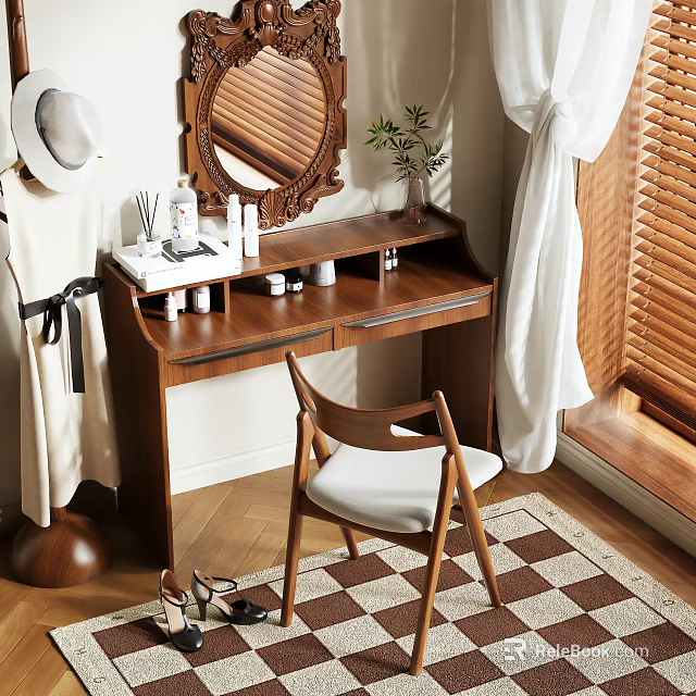 Wooden Dressing Table With Mirror Chair Cosmetics Plant And Curtain On Checkered Rug 3d model 
