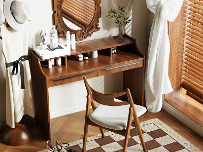 Wooden Dressing Table With Mirror Chair Cosmetics Plant And Curtain On Checkered Rug 3d model