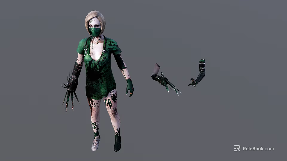 Game Movie Character With Green Tattered Outfit Mask And Detached Mechanical Sharp Claws 3d model 